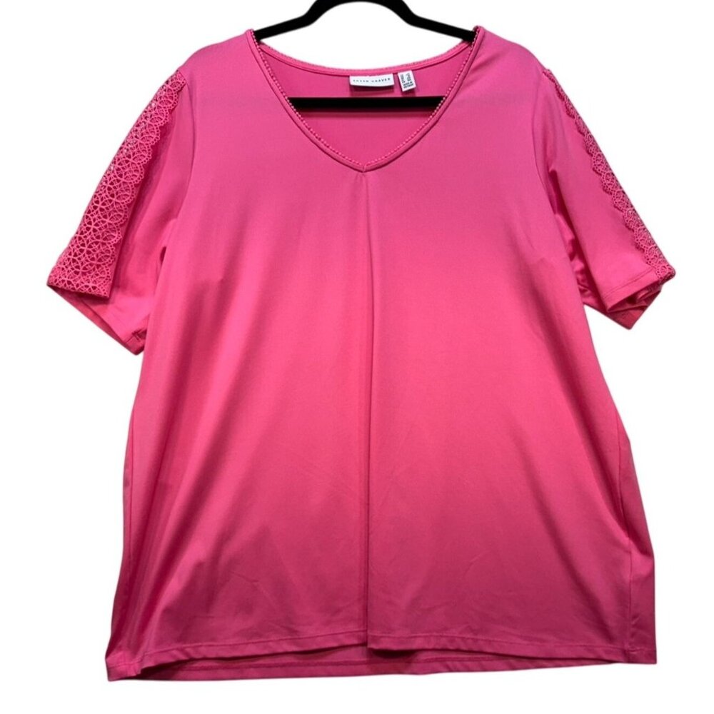 Susan Graver Womens V-Neck Top  2XL Pink Lace Sleeves